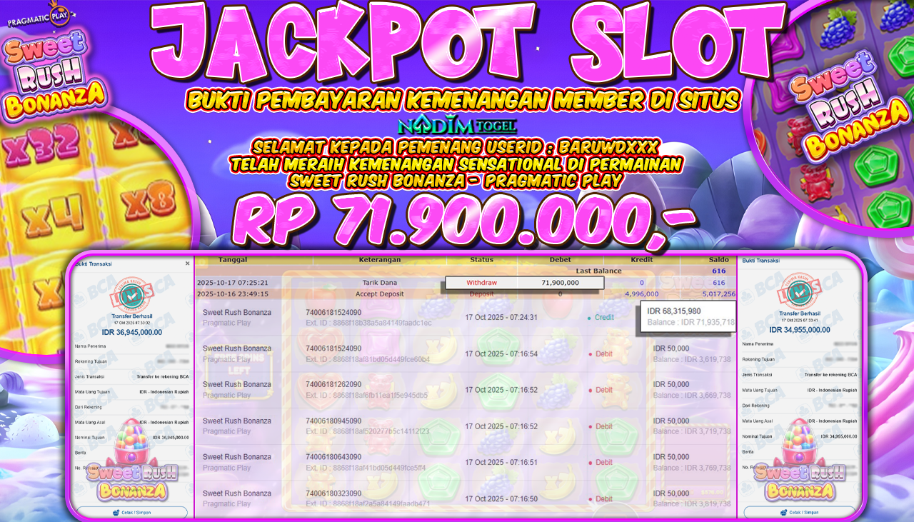 NADIMTOGEL JACKPOT SLOT SWEET RUSH BONANZA  Rp 71.900.000,- LUNAS