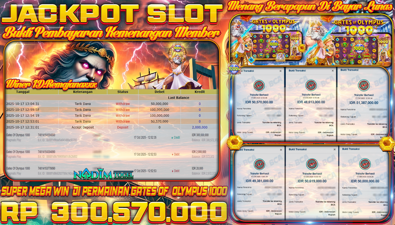 NADIMTOGEL JACKPOT SLOT GATES OF OLYMPUS 1000 Rp 300.570.000,- LUNAS