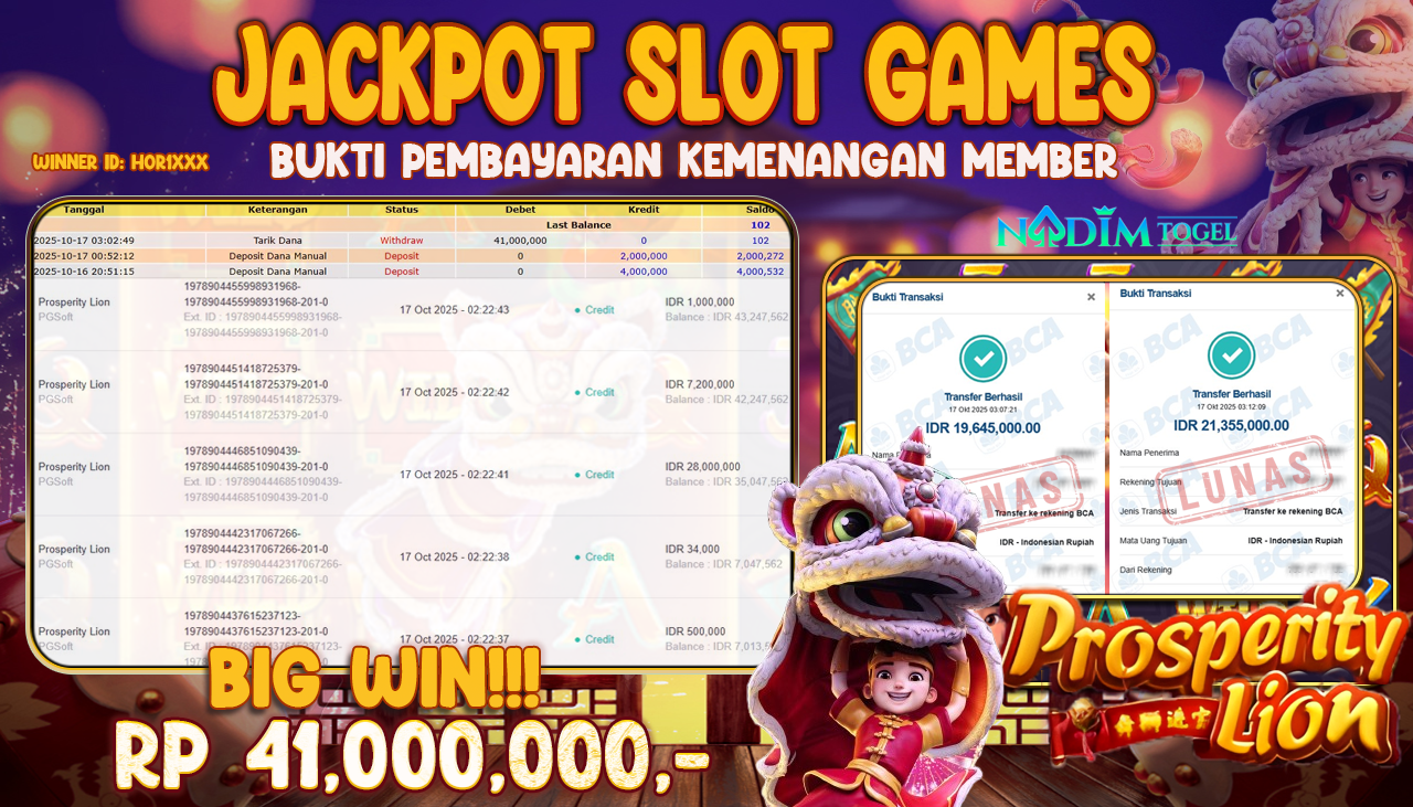 NADIMTOGEL JACKPOT SLOT PROSPERITY LION Rp 41.000.000,- LUNAS