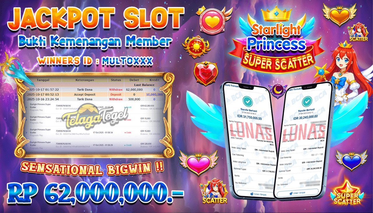TELAGATOGEL JACKPOT SLOT STARLIGHT PRINCESS SUPER SCATTER Rp 62,000,000.- LUNAS  