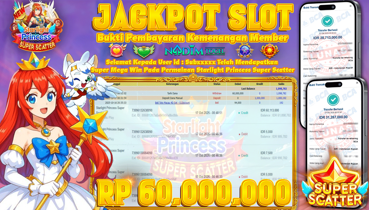 NADIMTOGEL JACKPOT SLOT STARLIGHT PRINCESS SUPER SCATTER Rp 60.000.000,- LUNAS