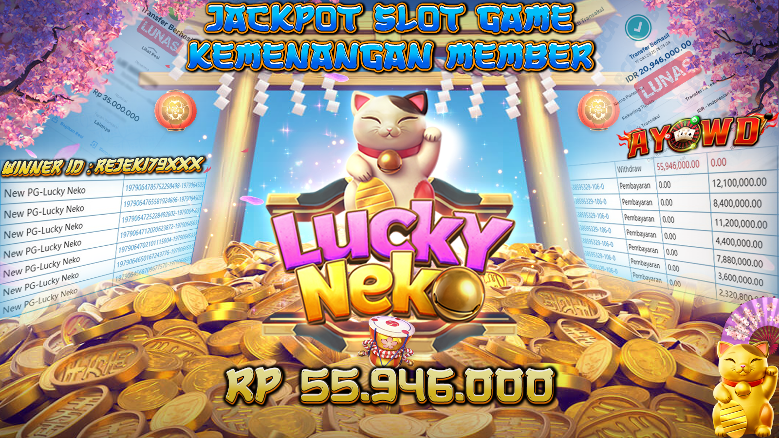 AYOWD JACKPOT SLOT GAMES New PG-Lucky Neko Rp 55,946,000,- LUNAS
