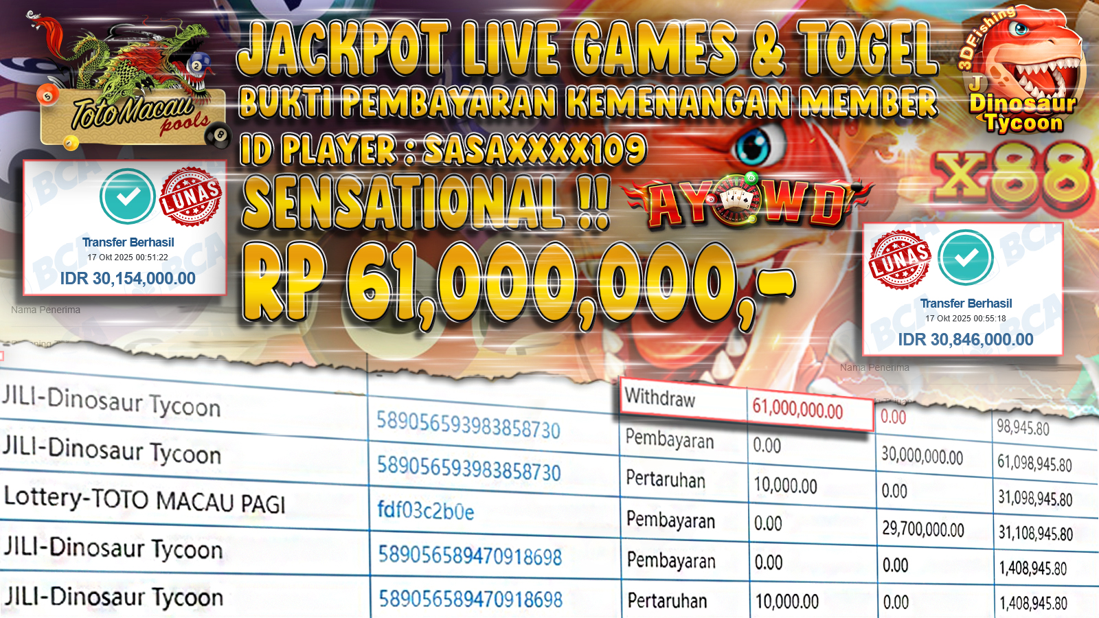 AYOWD JACKPOT LIVE GAMES JILI-Dinosaur Tycoon & Lottery-TOTO MACAU PAGI Rp 61,000,000,- LUNAS