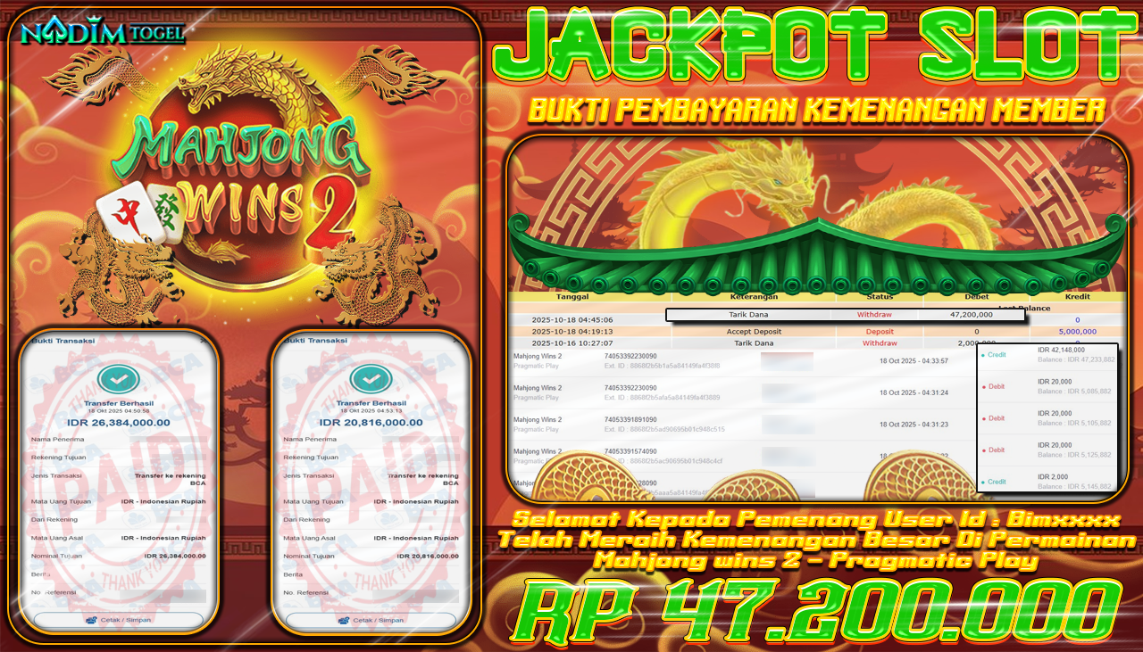NADIMTOGEL JACKPOT SLOT MAHJONG WINS 2 Rp 47.200.000,- LUNAS