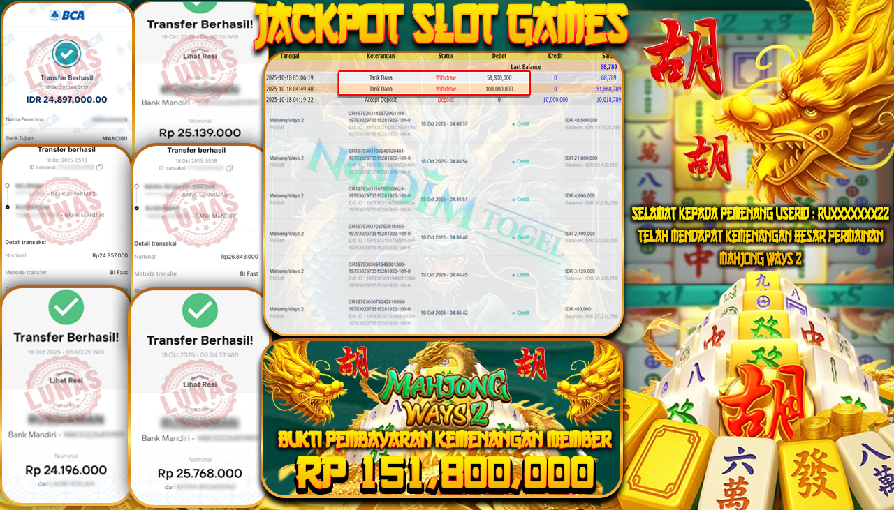 NADIMTOGEL JACKPOT SLOT MAHJONG WAYS 2 Rp 151.800.000,- LUNAS