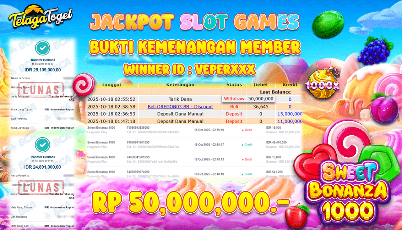 TELAGATOGEL JACKPOT SLOT SWEET BONANZA 1000 Rp 50,000,000.- LUNAS  