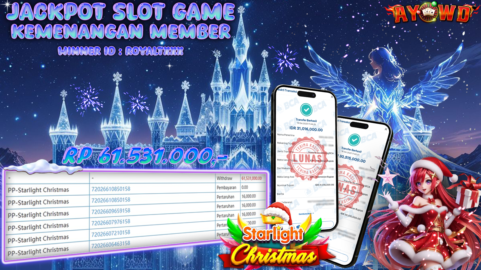 AYOWD JACKPOT SLOT GAMES PP-Starlight Christmas Rp 61,531,000,- LUNAS
