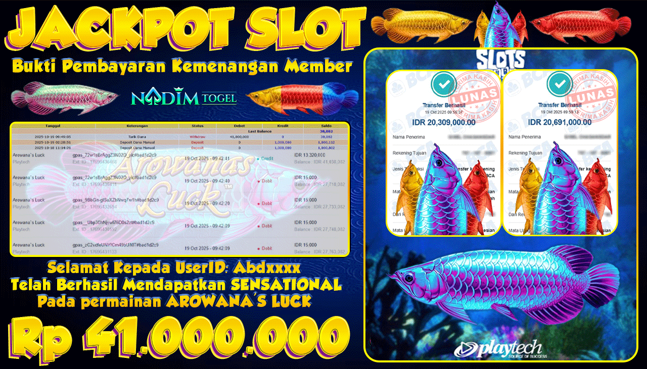 NADIMTOGEL JACKPOT SLOT AROWANAS LUCK Rp 41.000.000,- LUNAS