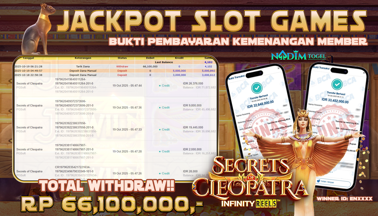 NADIMTOGEL JACKPOT SLOT SECRETS OF CLEOPATRA Rp 66.100.000,- LUNAS