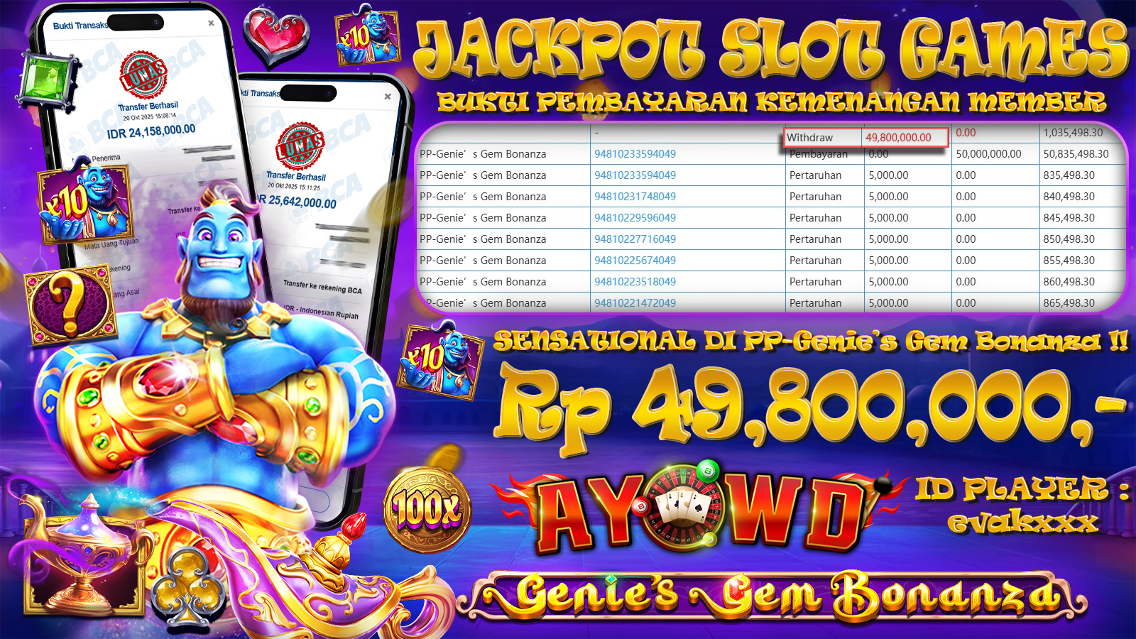 AYOWD JACKPOT SLOT GAMES PP-Genie’s Gem Bonanza Rp 49,800,000,- LUNAS