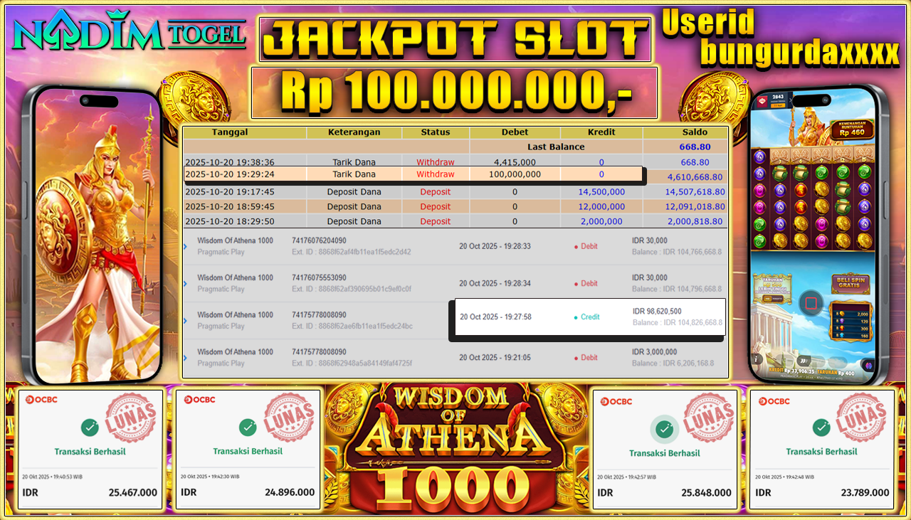 NADIMTOGEL JACKPOT SLOT WISDOM OF ATHENA 1000 Rp 100.000.000,- LUNAS
