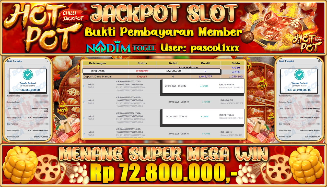 NADIMTOGEL JACKPOT SLOT HOTPOT - PG SOFT Rp 72.800.000,- LUNAS