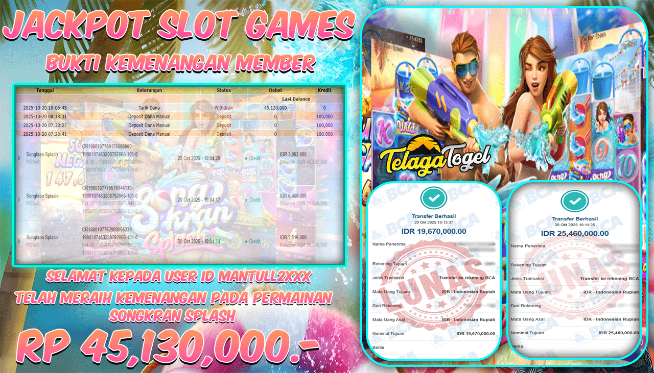 TELAGATOGEL JACKPOT SLOT SONGKRAN SPLASH Rp 45,130,000.- LUNAS  