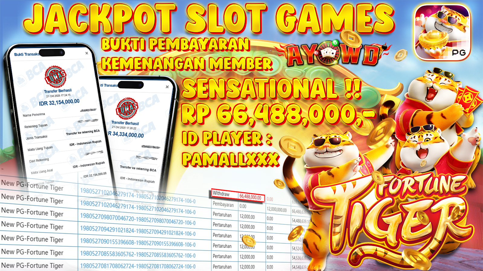 AYOWD JACKPOT SLOT GAMES New PG-Fortune Tiger Rp 66,488,000,- LUNAS
