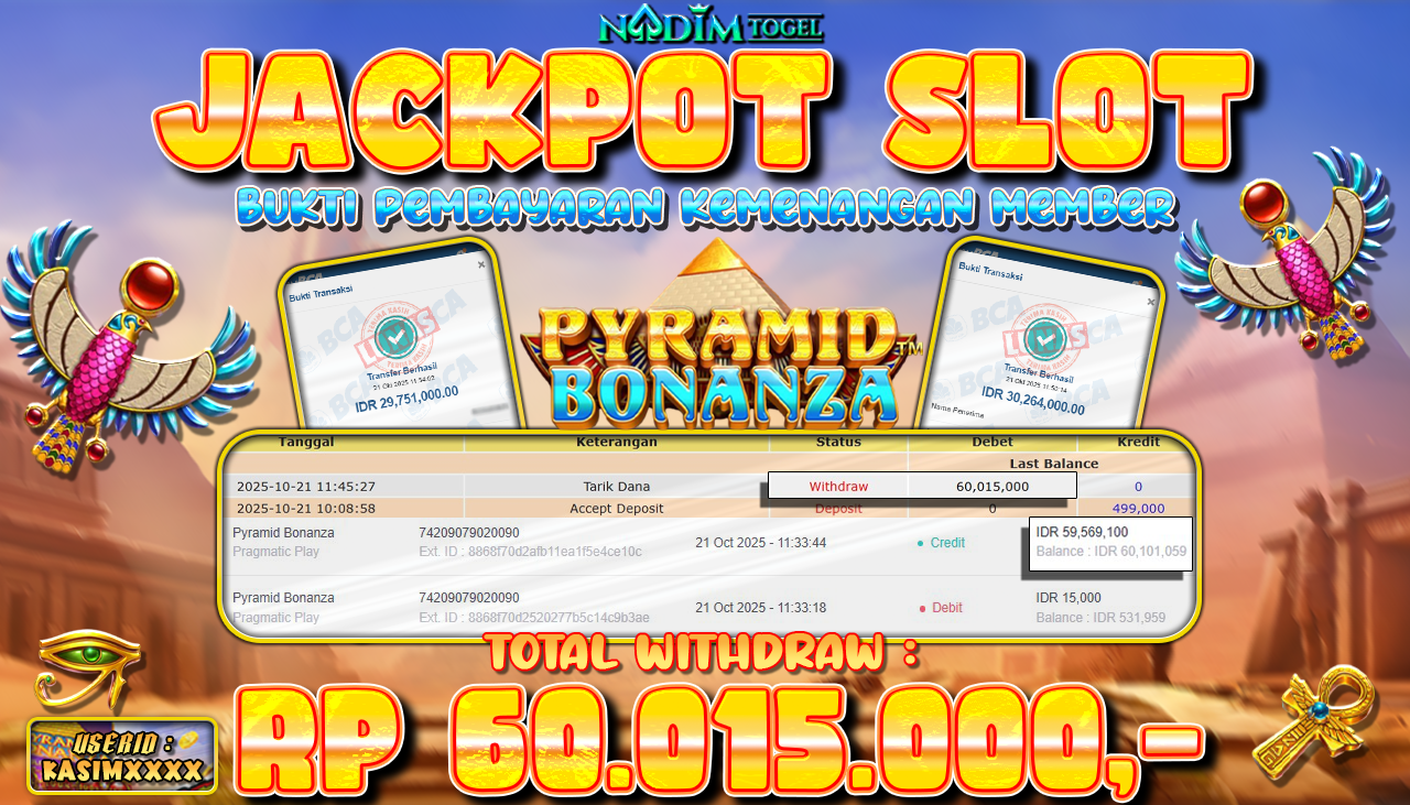 NADIMTOGEL JACKPOT SLOT PYRAMID BONANZA  Rp 60.015.000,- LUNAS