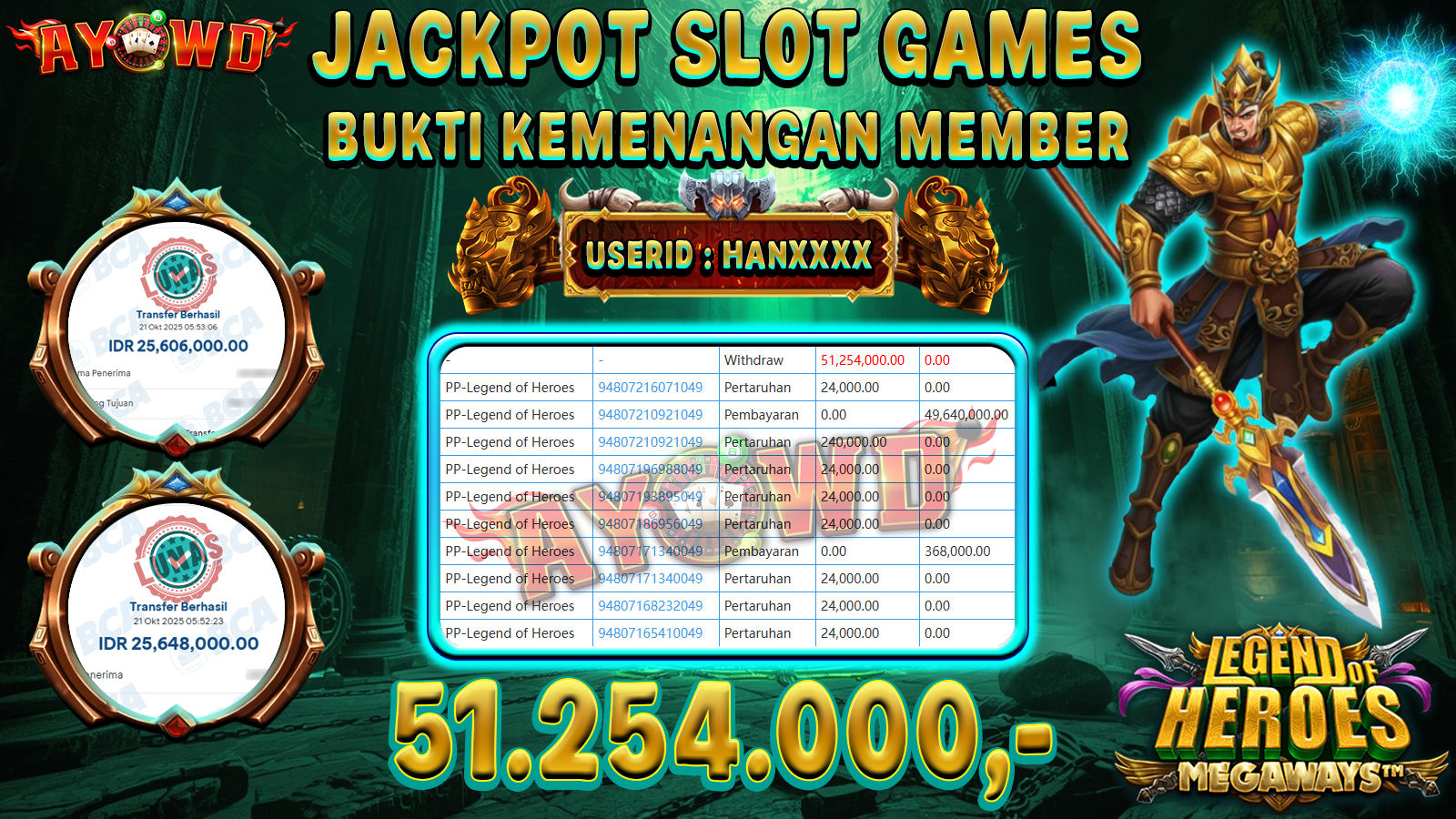 AYOWD JACKPOT SLOT GAMES PP-Legend of Heroes Rp 51,254,000,- LUNAS