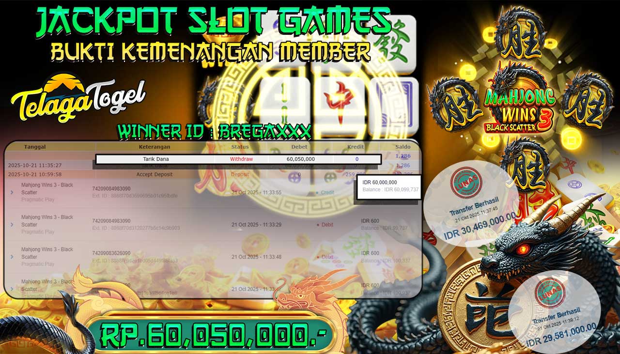 TELAGATOGEL JACKPOT SLOT MAHJONG WINS BLACK SCATTER 3 Rp 60,050,000.- LUNAS  