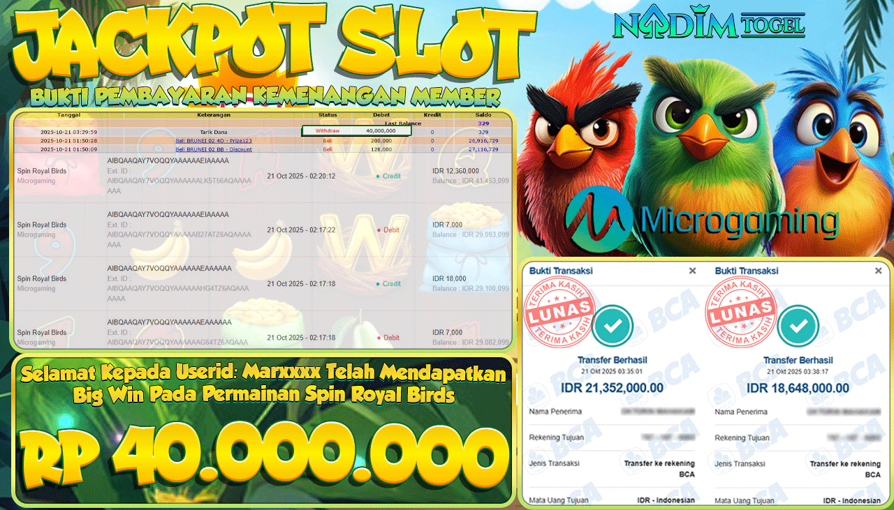 NADIMTOGEL JACKPOT SLOT SPIN ROYAL BIRDS Rp 40.000.000,- LUNAS
