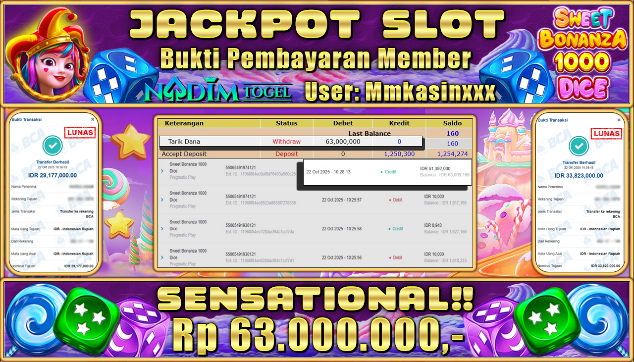 NADIMTOGEL JACKPOT SLOT SWEET BONANZA 1000 DICE Rp 63.000.000,- LUNAS