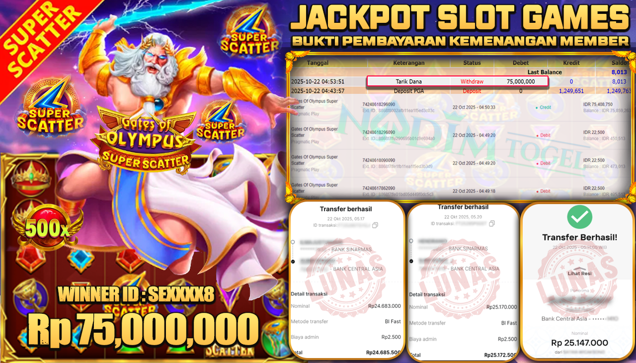 NADIMTOGEL JACKPOT SLOT GATE OF OLYMPUS SUPER SCATTER  Rp 75.000.000,- LUNAS