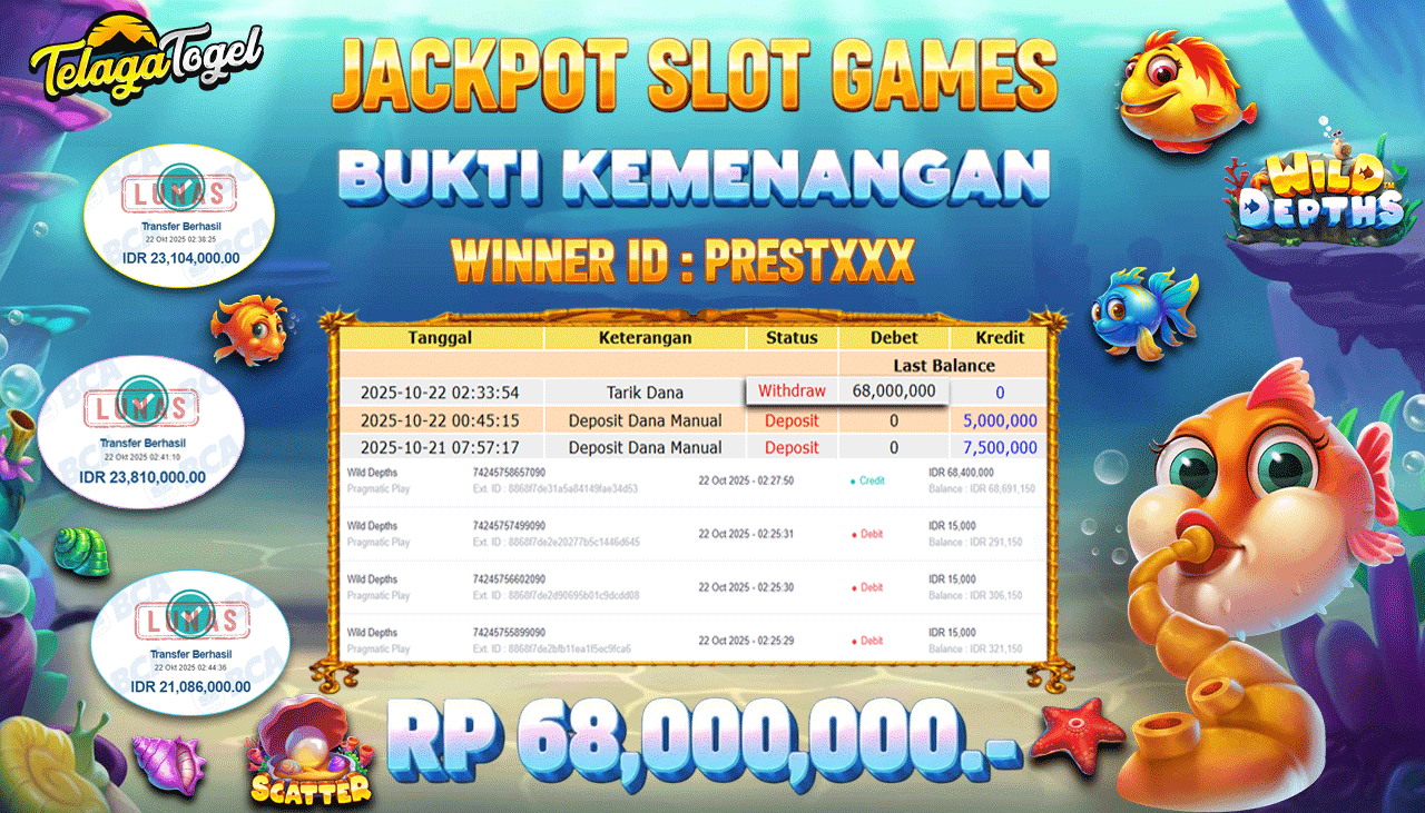 TELAGATOGEL JACKPOT SLOT WILD DEPTHS Rp 68,000,000.- LUNAS  