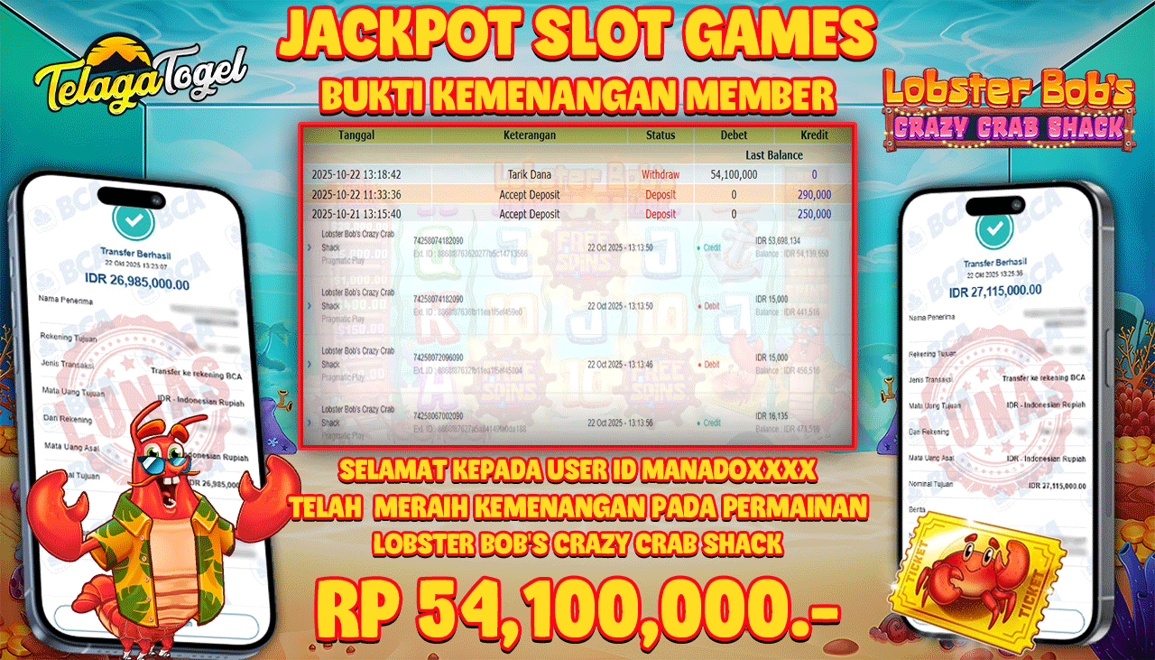 TELAGATOGEL JACKPOT SLOT LOBSTER BOB'S CRAZY CRAB SHACK Rp 54,100,000.- LUNAS  