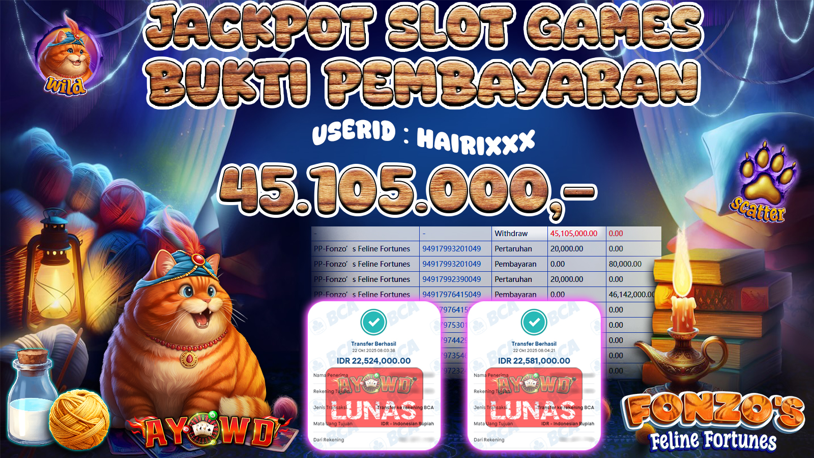 AYOWD JACKPOT SLOT GAMES PP-Fonzo s Feline Fortunes Rp 45,105,000,- LUNAS