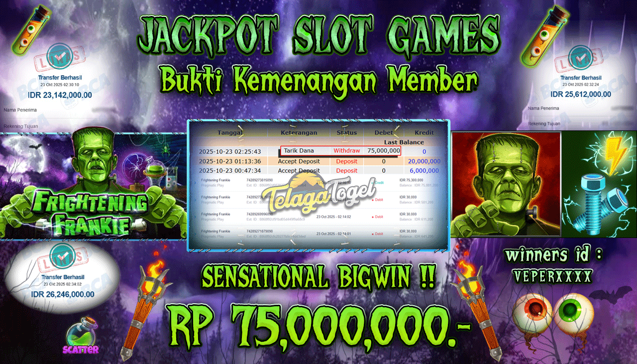 TELAGATOGEL JACKPOT SLOT FRIGHTENING FRANKIE Rp 75,000,000.- LUNAS  
