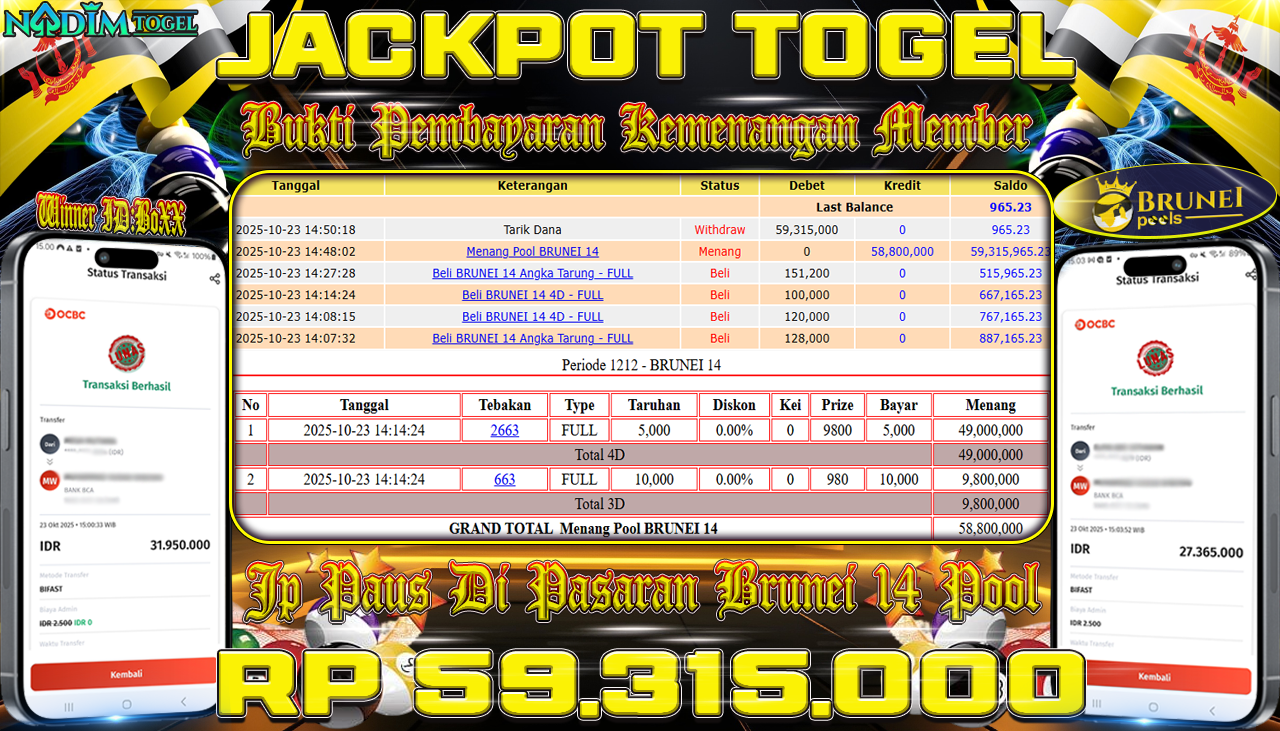 NADIMTOGEL JACKPOT TOGEL PASARAN BRUNEI 14 POOL Rp 59.315.000,- LUNAS