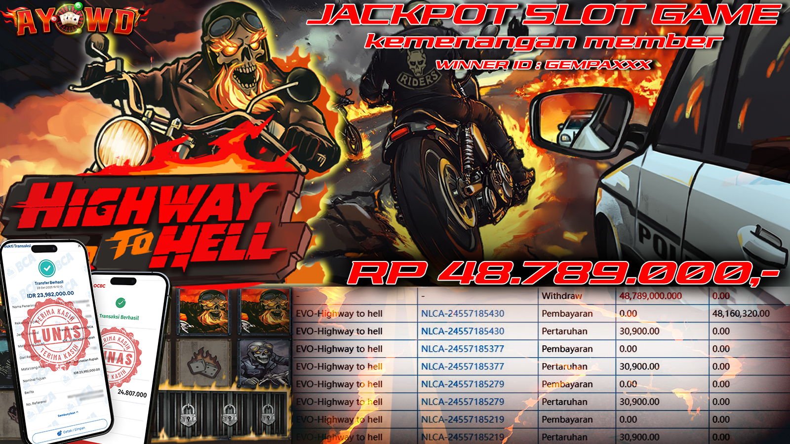 AYOWD JACKPOT SLOT GAMES EVO-HIGHWAY TO HELL Rp 48,789,000,- LUNAS
