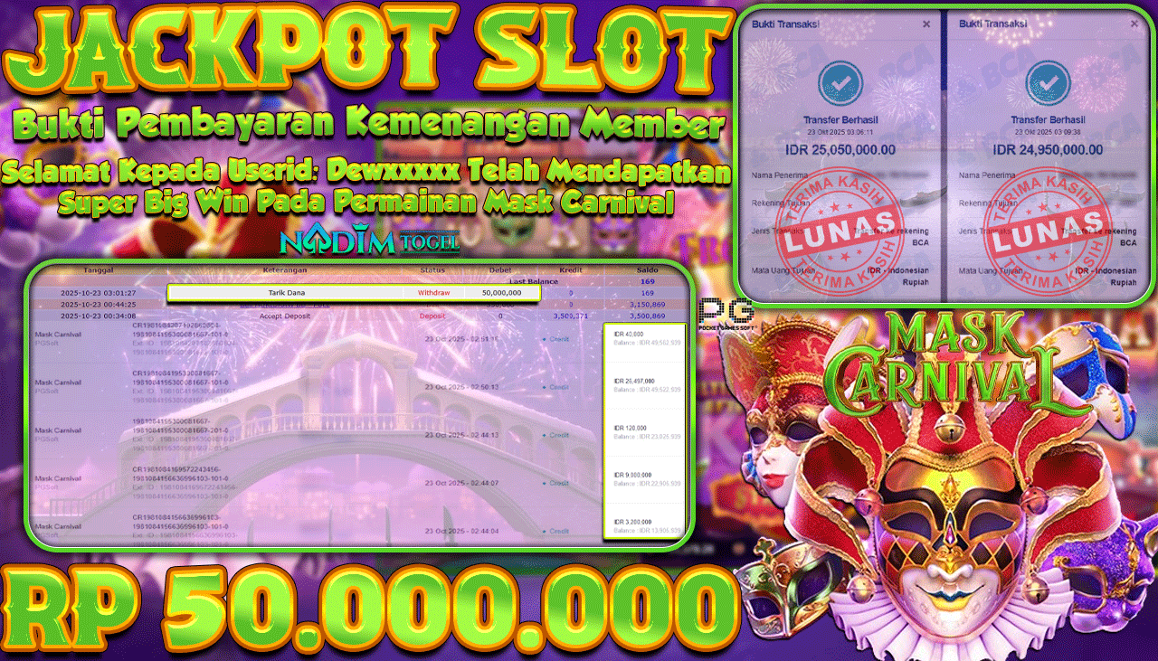 NADIMTOGEL JACKPOT SLOT MASK CARNIVAL Rp 50.000.000,- LUNAS