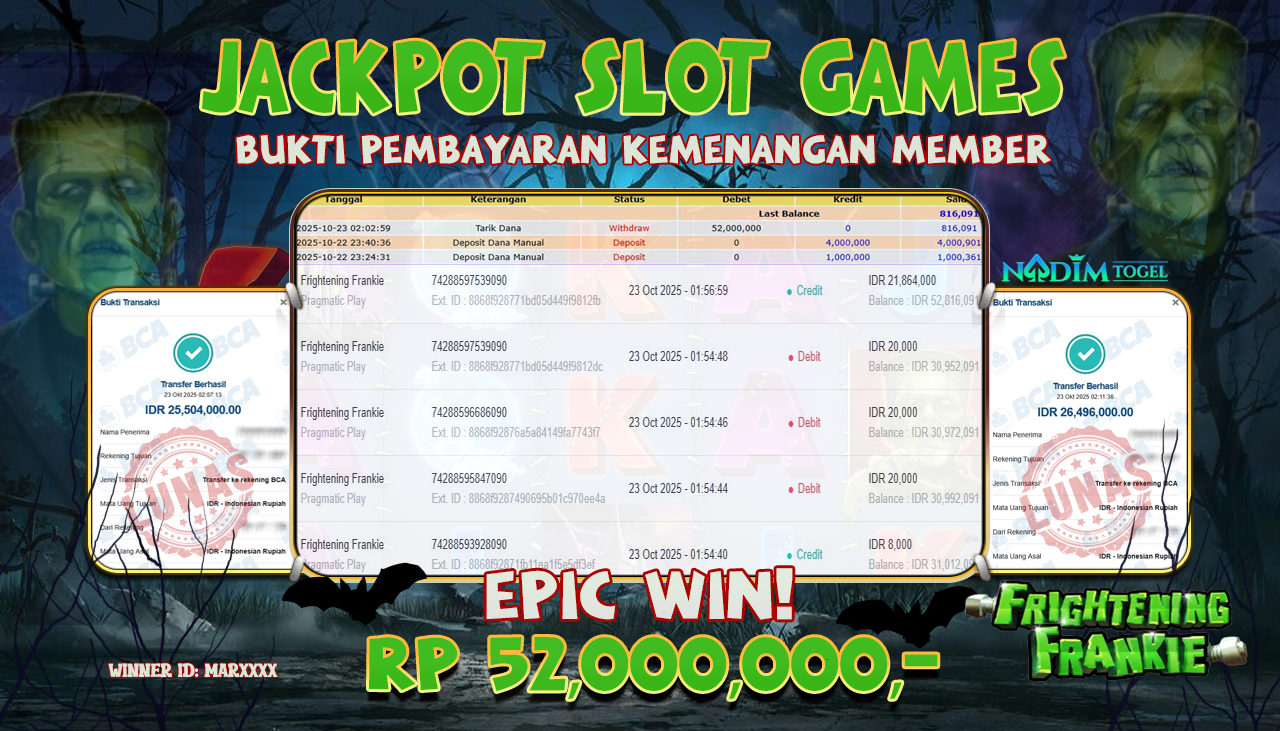 NADIMTOGEL JACKPOT SLOT FRIGHTENING FRANKIE Rp 52.000.000,- LUNAS
