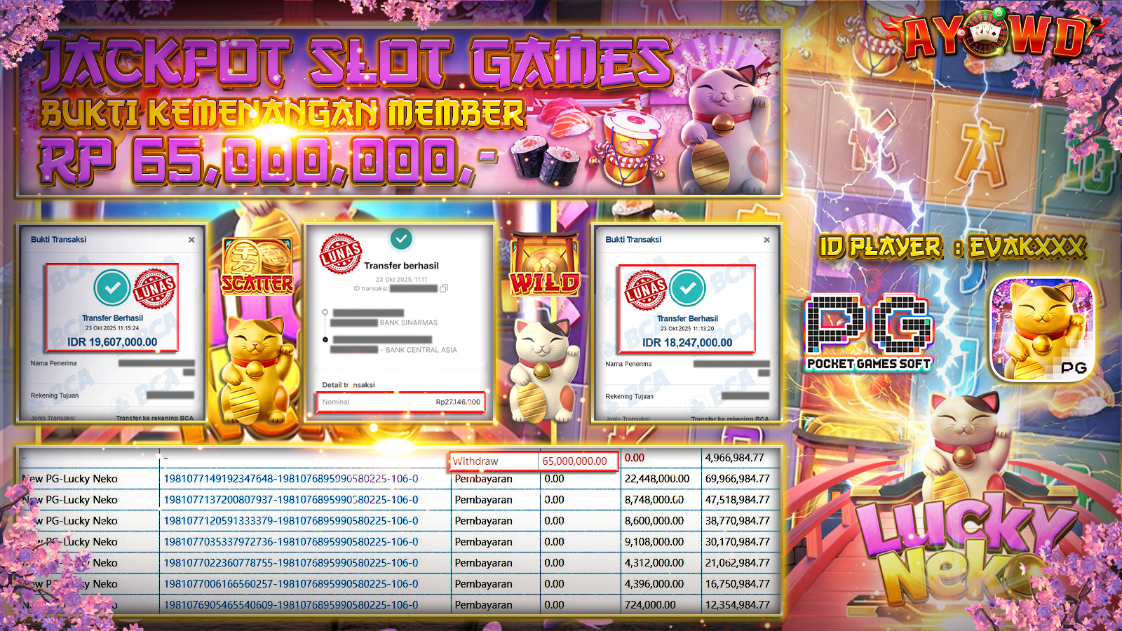 AYOWD JACKPOT SLOT GAMES PG-Lucky Neko Rp 65,000,000,- LUNAS