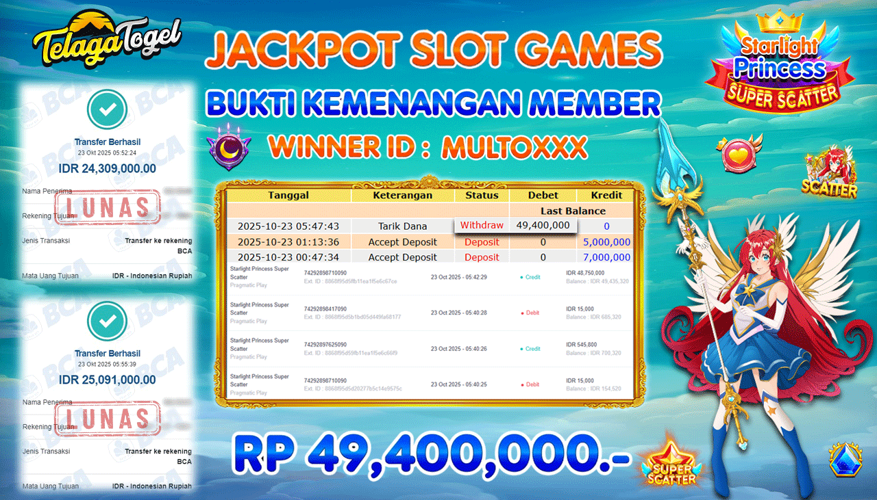TELAGATOGEL JACKPOT SLOT STARLIGHT PRINCESS SUPER SCATTER Rp 49,400,000.- LUNAS  