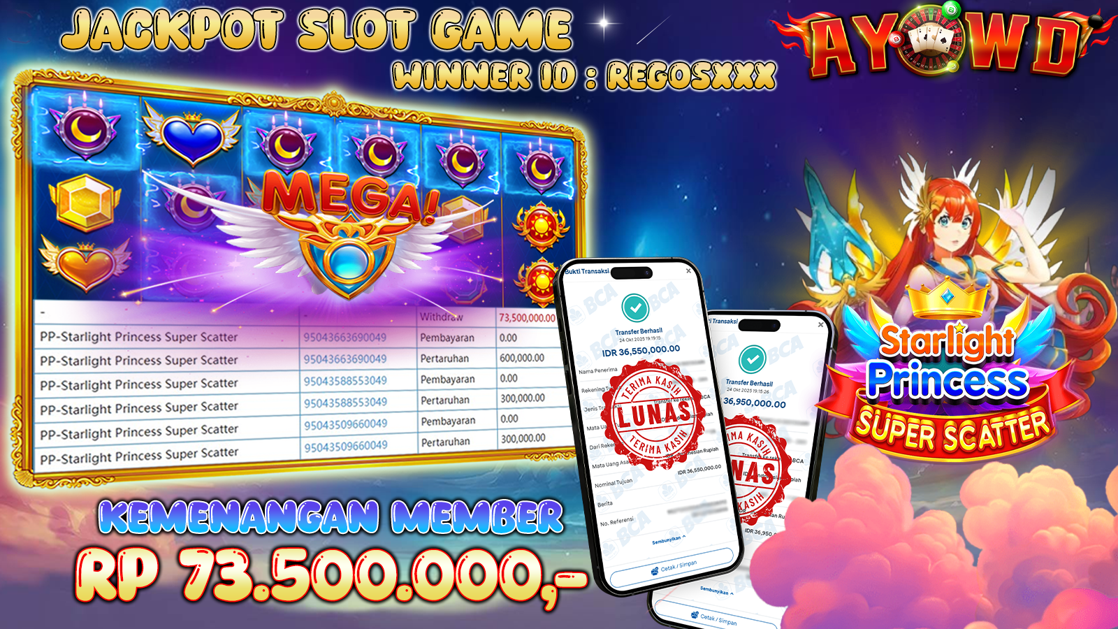 AYOWD JACKPOT SLOT GAMES PP-STARLIGHT PRINCESS SUPER SCATTER Rp 73,500,000,- LUNAS