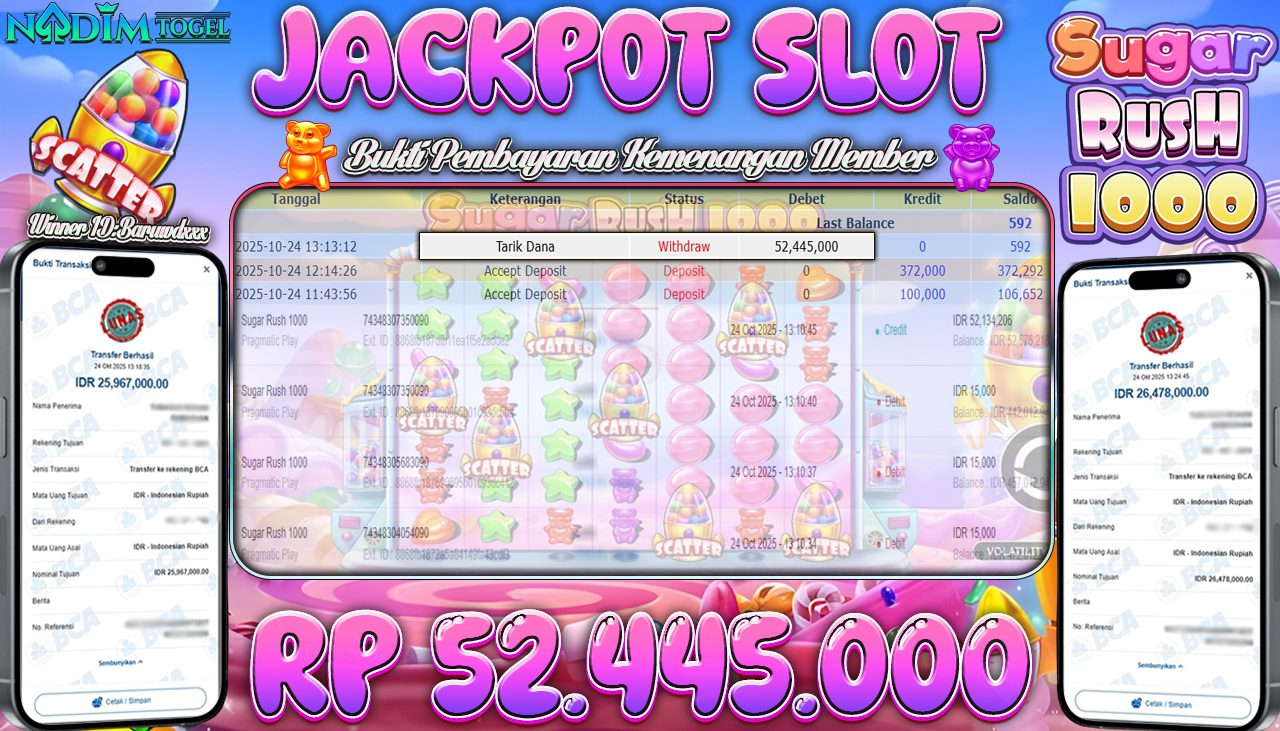 NADIMTOGEL JACKPOT SLOT SUGAR RUSH 1000 Rp 52.445.000,- LUNAS