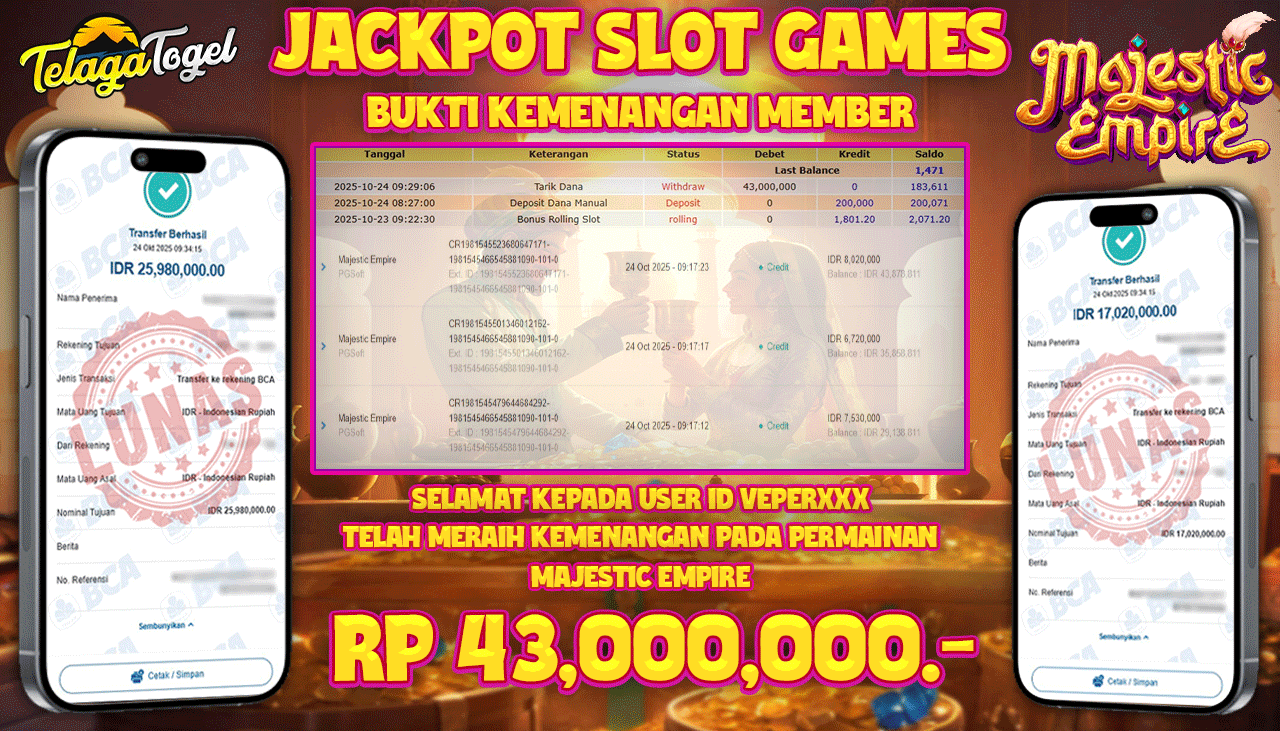 TELAGATOGEL JACKPOT SLOT MAJESTIC EMPIRE Rp 43,000,000.- LUNAS  
