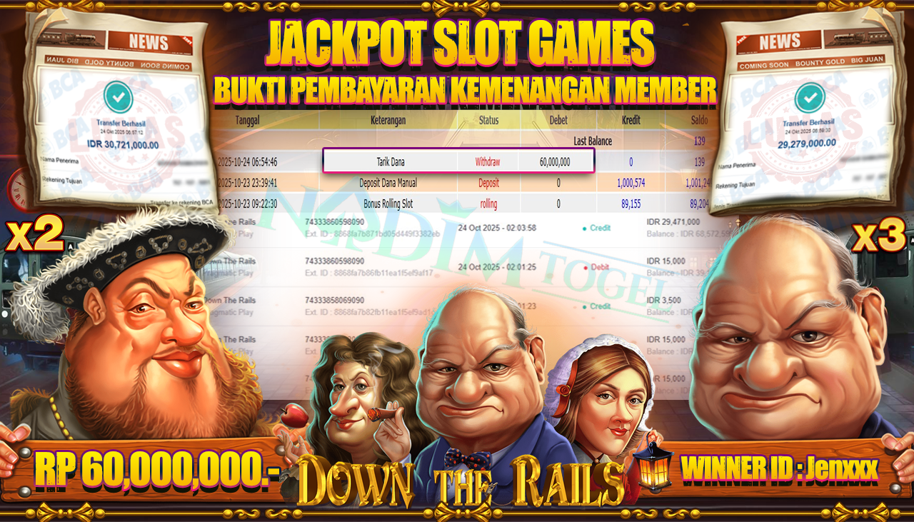 NADIMTOGEL JACKPOT SLOT DOWN THE RAILS Rp 60.000.000,- LUNAS