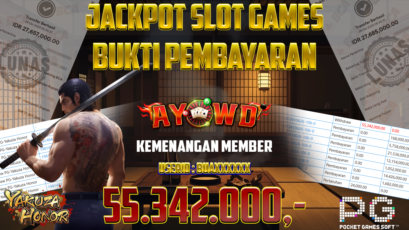 AYOWD JACKPOT SLOT GAMES New PG-Yakuza Honor Rp 55,342,000,- LUNAS