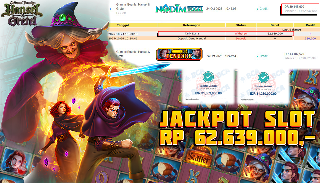 NADIMTOGEL JACKPOT SLOT GRIMMS BOUNTY: HANSEL & GRETEL Rp 62.639.000,- LUNAS