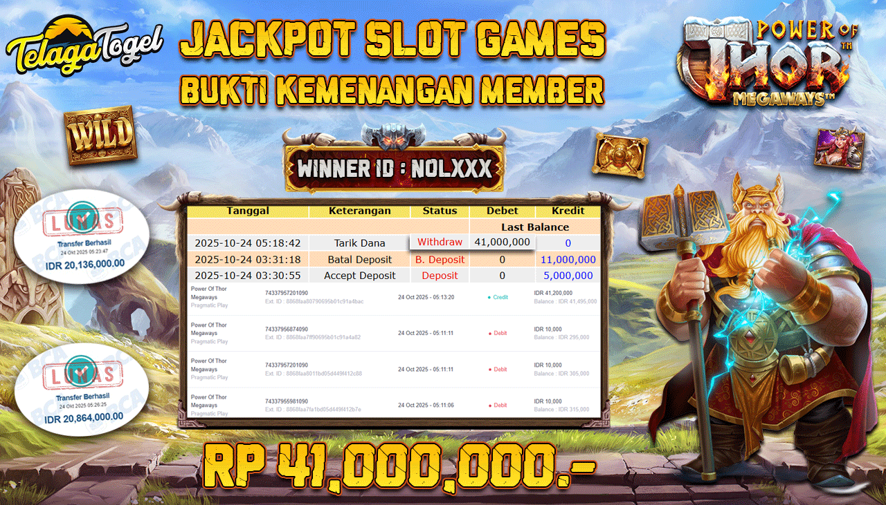 TELAGATOGEL JACKPOT SLOT THE POWER OF THOR MEGAWAYS Rp 41,000,000.- LUNAS  