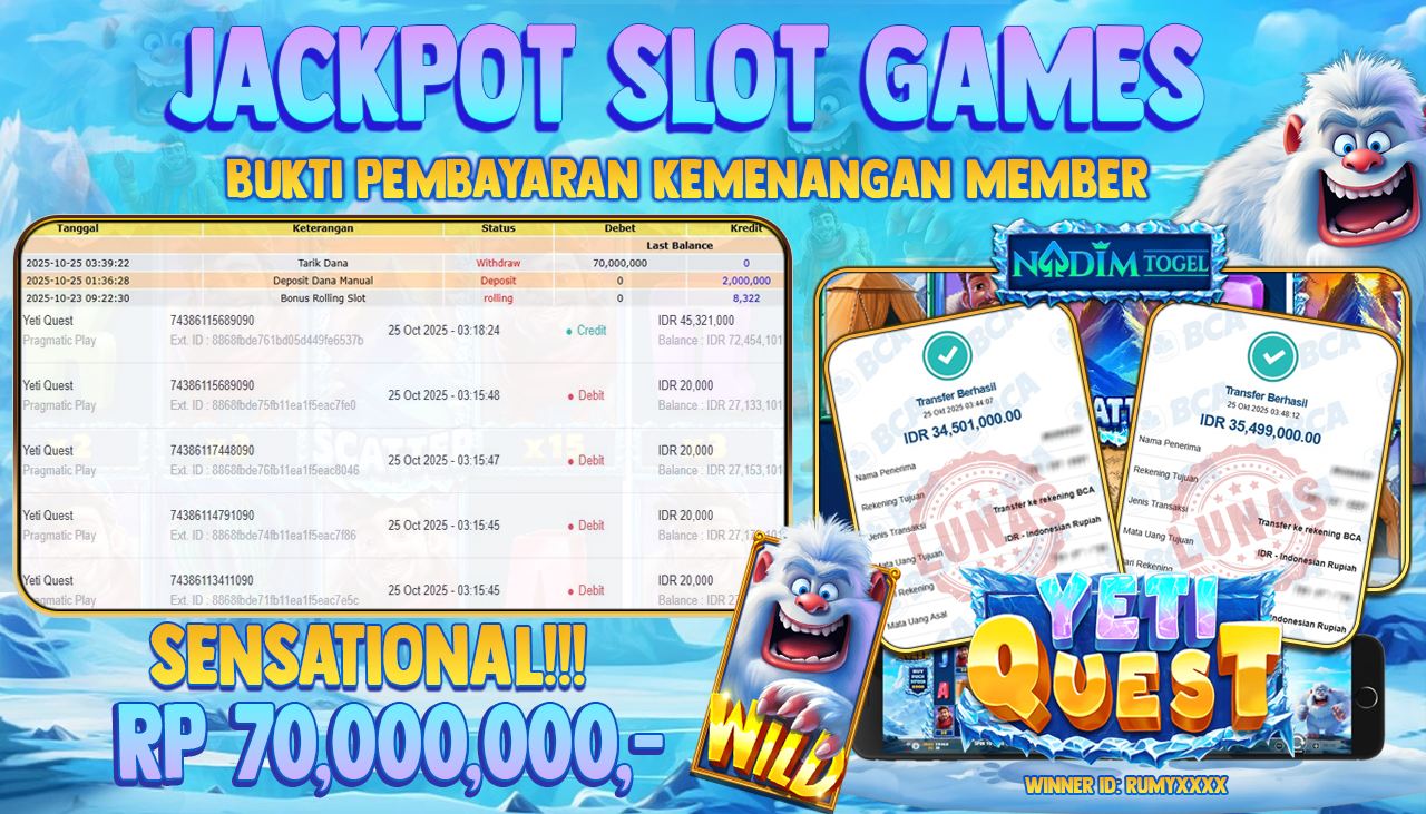 NADIMTOGEL JACKPOT SLOT YETI QUEST Rp 70.000.000,- LUNAS