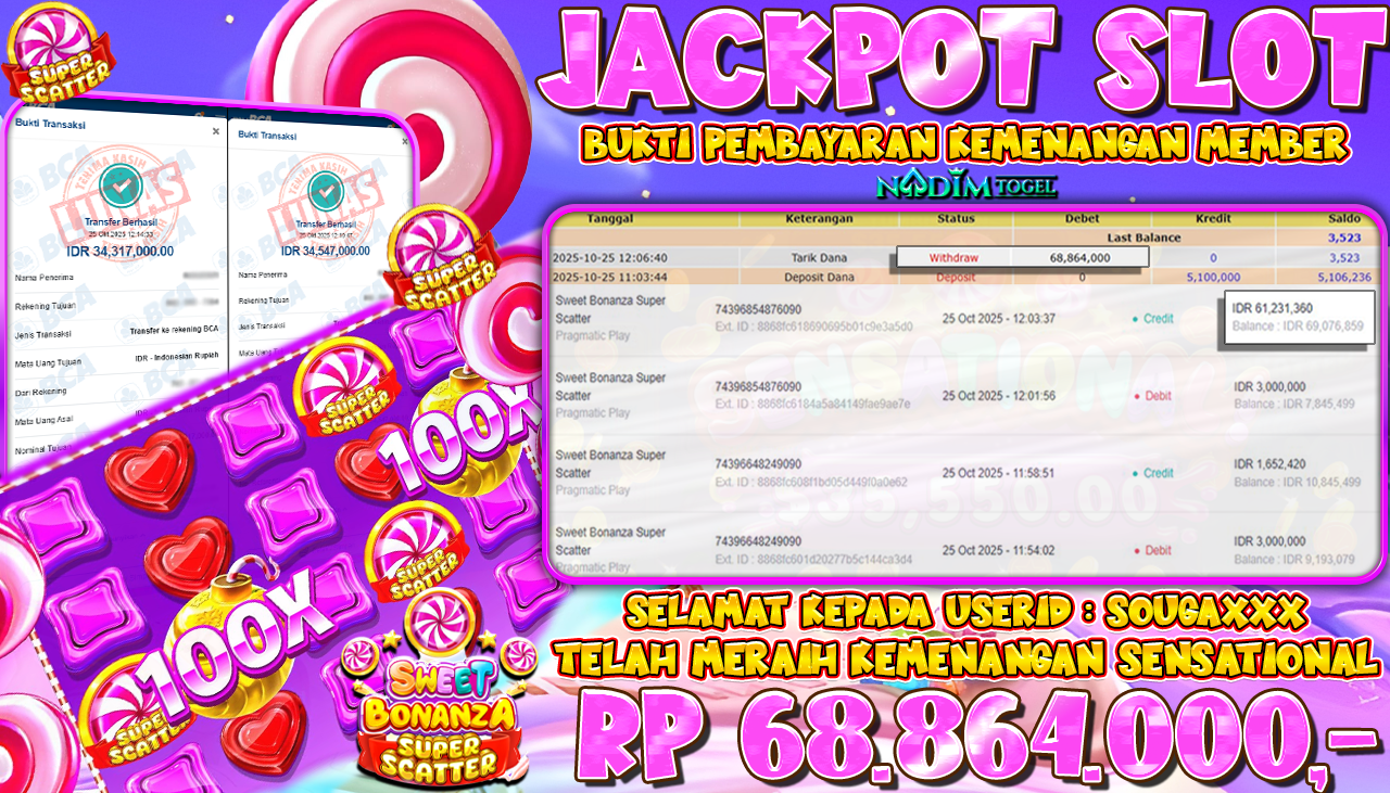 NADIMTOGEL JACKPOT SLOT SWEET BONANZA SUPER SCATTER Rp 68.864.000,- LUNAS
