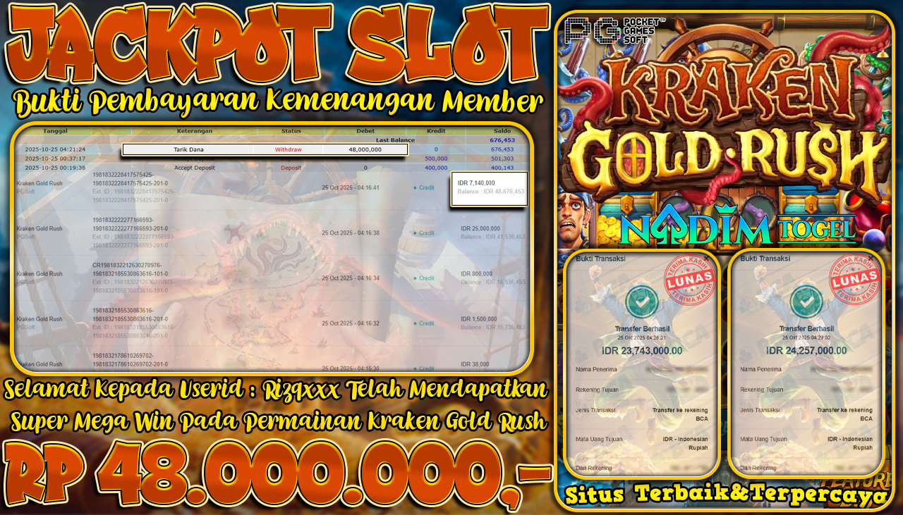 NADIMTOGEL JACKPOT SLOT KRAKEN GOLD RUSH Rp 48.000.000,- LUNAS