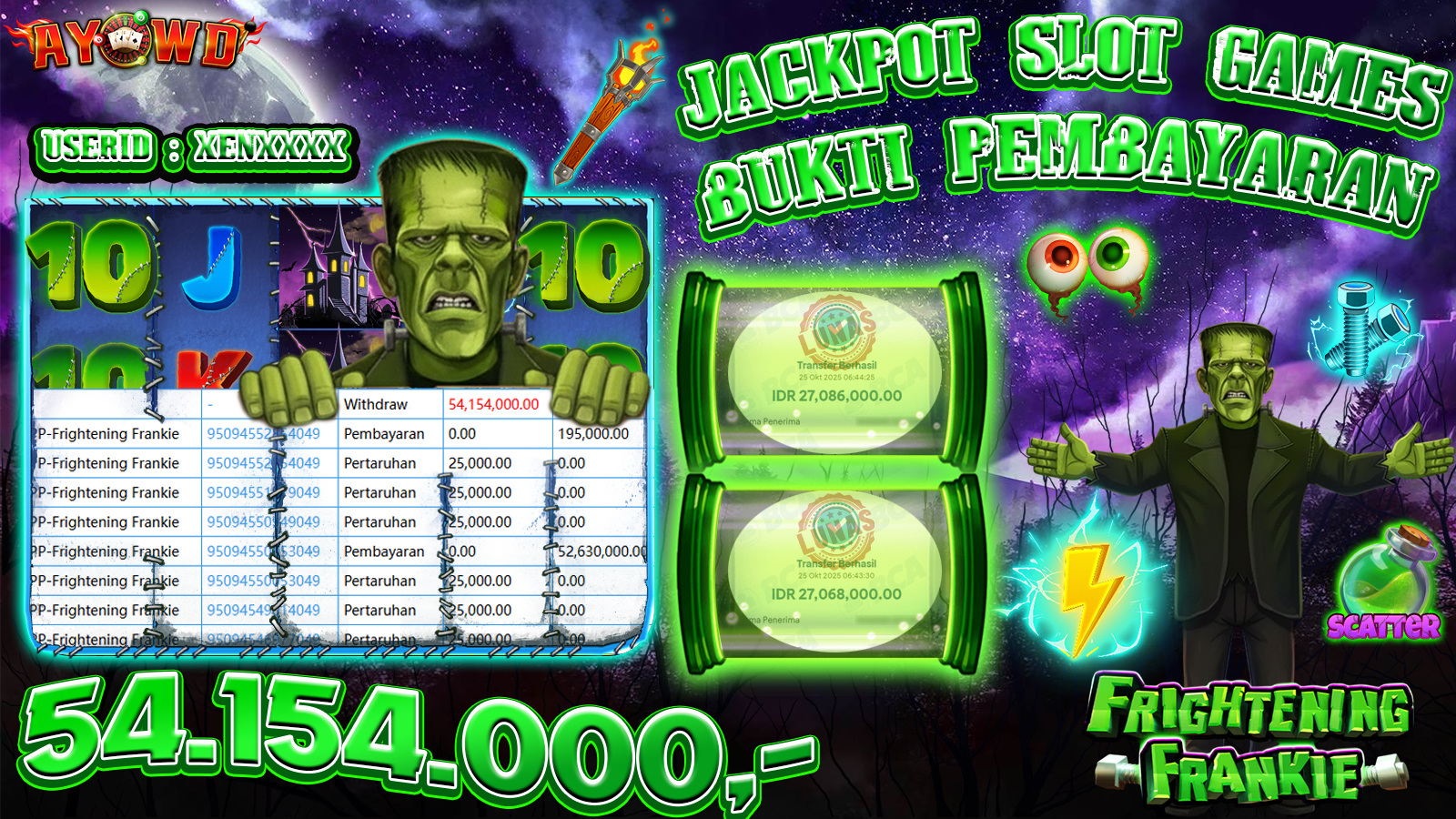 AYOWD JACKPOT SLOT GAMES PP-Frightening Frankie Rp 54,154,000,- LUNAS