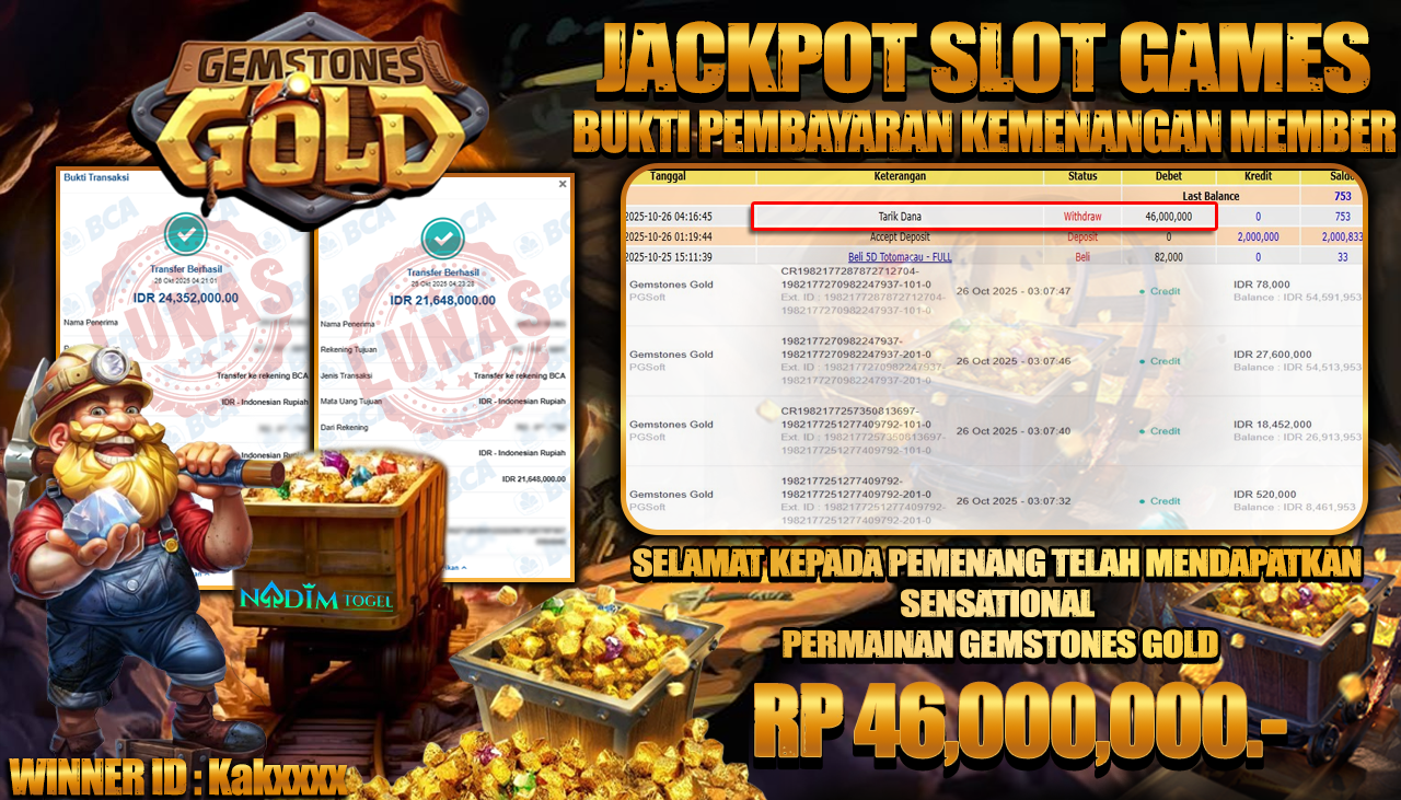 NADIMTOGEL JACKPOT SLOT GEMSTONES GOLD Rp 46.000.000,- LUNAS