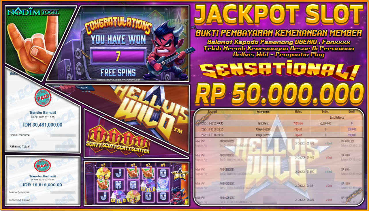 NADIMTOGEL JACKPOT SLOT HELLVIS WILD Rp 50.000.000,- LUNAS