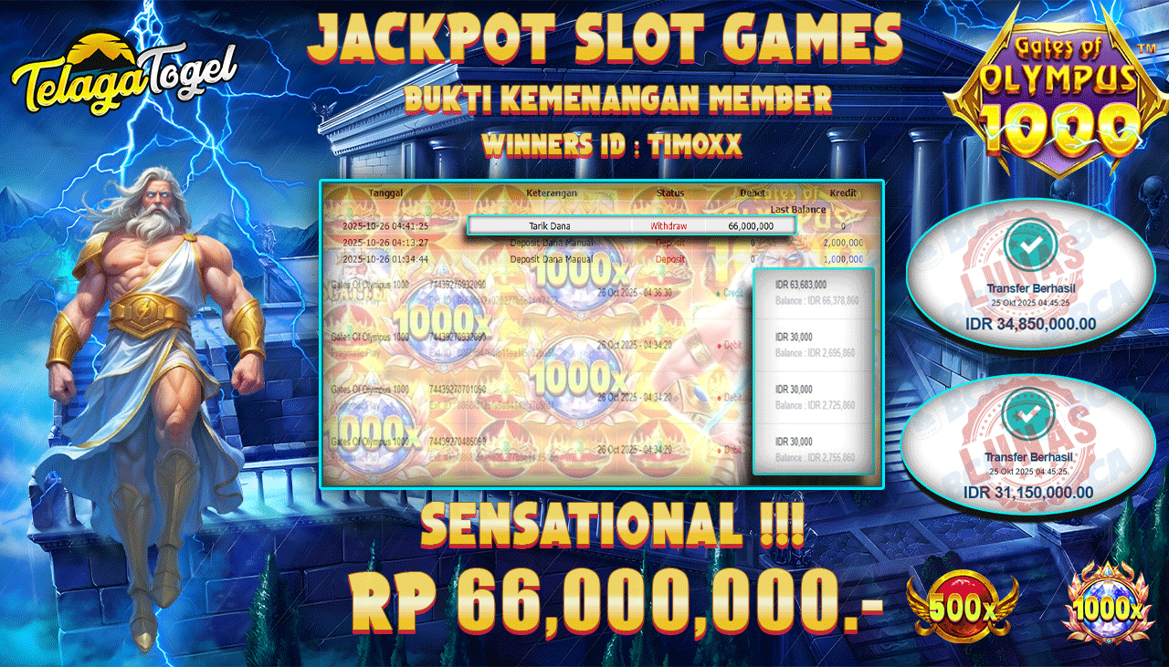 TELAGATOGEL JACKPOT SLOT GATES OF OLYMPUS 1000  Rp 66,000,000.- LUNAS  