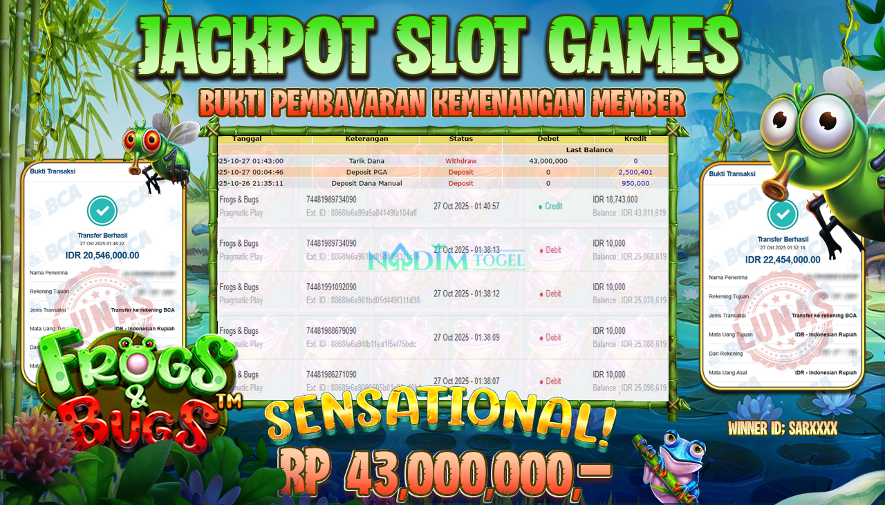 NADIMTOGEL JACKPOT SLOT FROGS & BUGS Rp 43.000.000,- LUNAS