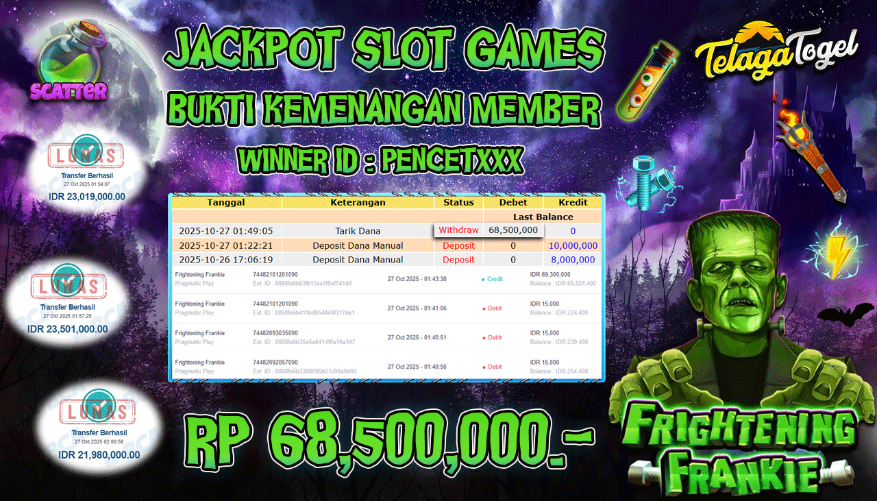 TELAGATOGEL JACKPOT SLOT FRIGHTENING FRANKIE Rp 68,500,000.- LUNAS  